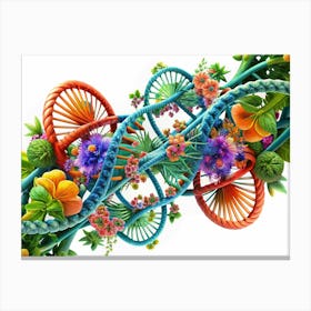 Dna Double Helix With Vibrant Flowers Canvas Print