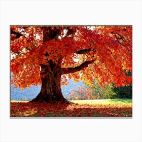 An Autumn Oak Tree Abundantly Lit Branches Spreading Widely Spanning A Slim Sleek Card Leaves Bla (1) Canvas Print