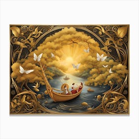 Golden Boat On The River Canvas Print