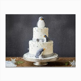 A Charming Penguin Themed Cake Adorned With Festive Wintry Accents Placed In The Heart Of A Spaci 1 Canvas Print