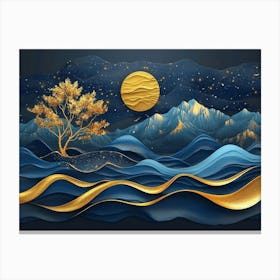 Golden Deer, Black Christmas Tree, Turquoise Mountains Moon with a Golden Sun. Canvas Print