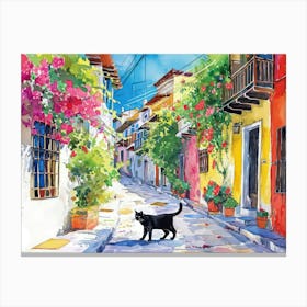 Thessalonik, Greece   Cat In Street Art Watercolour Painting 4 Canvas Print