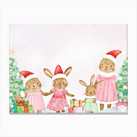 Whimsical Cartoon Bunnies Dressed In Pastel Pink Dresses Wearing Santa Hats Celebrating Christmas Canvas Print