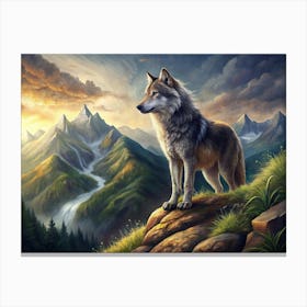 Wolf Standing On A Mountain Peak At Sunset Canvas Print