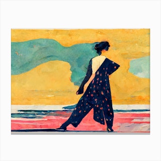 Woman Walking In The Beach Painting Canvas Print