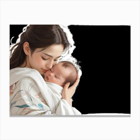 A Mother Cradling Her Sleeping Baby In Her Arms, Isolated On A Black Background 2 Canvas Print