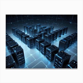 Server Racks With Glowing Blue Lights In A Server Room Canvas Print