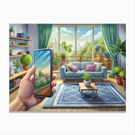 Hand Holding A Smartphone Showing A Virtual View Of A Living Room With Green Plants Canvas Print