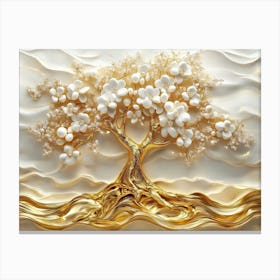 3d Art With Gold Tree Life White Pearl And Flowers 1 Canvas Print