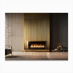 Geometric Fireplace Modern Design Incorporating Brass Accents Positioned Centrally Against A Mini Canvas Print