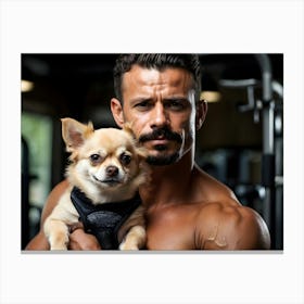 Bodybuilder holding cute Chihuahua dog 4 Canvas Print