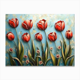 Painting Group Red Tulips Blue Background Are Arranged Tulip Flower 1 Canvas Print