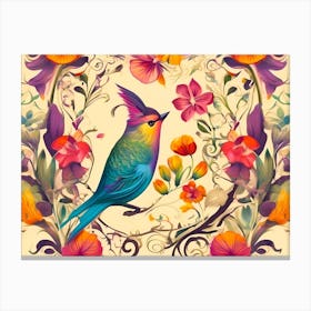 Magnificent Singing Bird Between A Beautiful Flower Decoration - Bright Color Painting Canvas Print