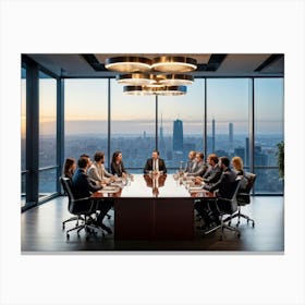 Confident Ceo Seated At The Head Of A Sleek Gleaming Mahogany Conference Table Leading An Energize (6) Canvas Print