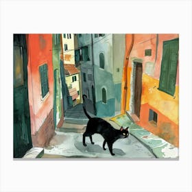 Black Cat In Ancona, Street Art Watercolour Painting 1 Canvas Print