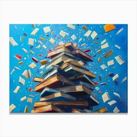 A Captivating Art Piece Featuring A Towering Stack Of Books With Flying Letters 2 Canvas Print