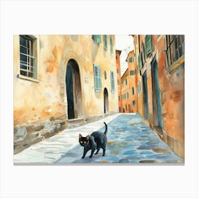 Black Cat In Florence Firenze, Italy, Street Art Watercolour Painting 4 Canvas Print