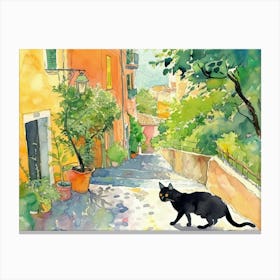 Black Cat In Reggio Calabria, Italy, Street Art Watercolour Painting 2 Canvas Print