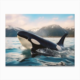 Realistic Photography Of Orca Whale Emerging Out Of Water With Icy Mountain In Background 2 Canvas Print