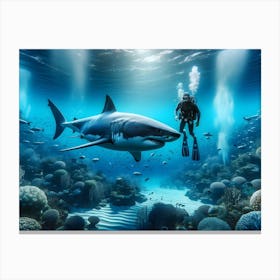 Scuba Diver And Great White Shark 7 Canvas Print