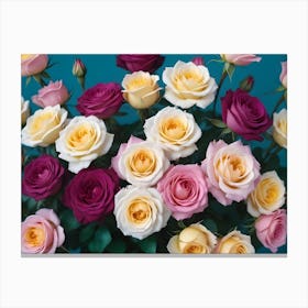 Bouquet Of Pink, Yellow, And Purple Roses Against A Turquoise Background Canvas Print