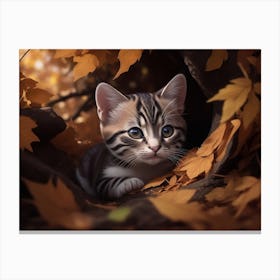 A Kitten Hiding Among Fallen Leaves Canvas Print