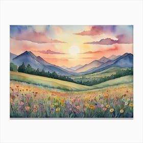 Default A Painting Of A Sunset Over A Field Of Flowers And Mou 1 1 Canvas Print