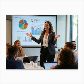 Businesswoman Exuding Joy As She Confidently Conducts A Training Seminar Engaging Audience With Dyn Canvas Print