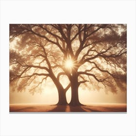 A Photograph Of Two Trees In A Foggy Forest Canvas Print