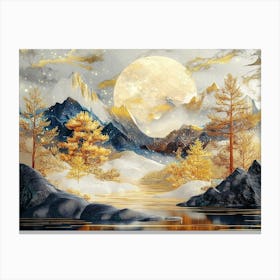 3d Art Landscape Moon, Golden Christmas Trees, Colorful Mountains Canvas Print