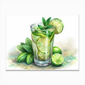 Watercolor Illustration Of A Glass Of Lime And Mint Drink Canvas Print