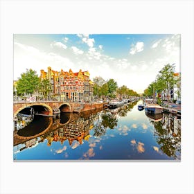 Traditional Dutch Houses Reflecting In The Canal In Jordaan Neighbourhood, Amsterdam Canvas Print