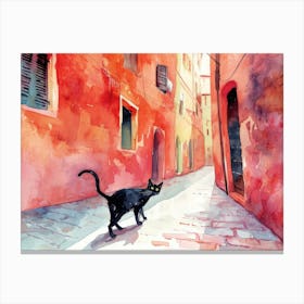 Black Cat In Bologna, Italy, Street Art Watercolour Painting 1 Canvas Print