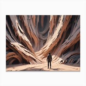 A Lone Figure With A Backpack Stands At The Entrance To A Massive, Surreal Canyon With Twisting, Layered Rock Formations Bathed In Warm Light Canvas Print