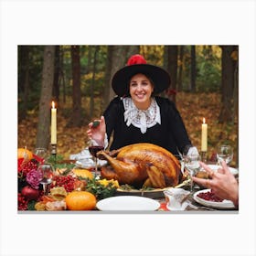 Festive Pilgrim Celebrating With A Plump Turkey At A Thanksgiving Feast Pilgrim Dress Richly Colore (1) Leinwandbild