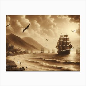 Vintage Sepia Prints Of Ocean With Ships 4 Canvas Print