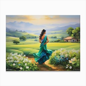 Woman In A Green Sari Canvas Print