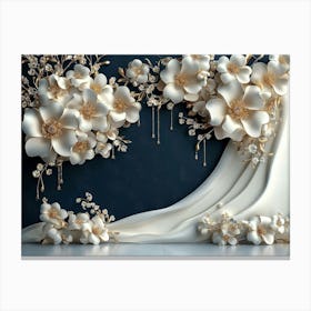 3d White and Blue Background Adorned with Golden Jewelry and Flowers Canvas Print