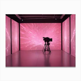 A Black And White Image Of A Camera On A Tripod In A Room With Pink, Glowing Lights Canvas Print