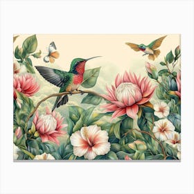 Tropical Background with Protea, Hibiscus Flowers, Leaves, Hummingbirds, Butterflies Canvas Print