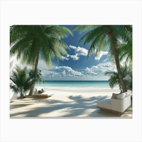 3d Tropical Beach With Palm Trees Canvas Print