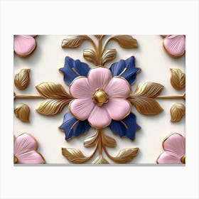 Seamless Relief Sculpture Ation Retro Pattern Curve Cross Pink Flower Leaf Gold Frame Line Canvas Print