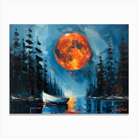 A Small White Boat Under The Red Moon Canvas Print