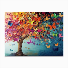 Butterflies Art Vibrant Multicolored Tree with Hanging Leaves 3d Abstract Canvas Print