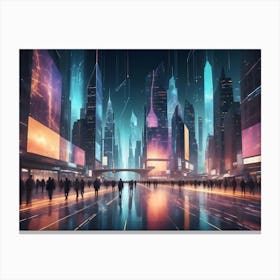 A Digitally Rendered Cityscape With Tall Neon Lit Buildings And A Multitude Of People Walking Along A Bright, Futuristic Street Canvas Print