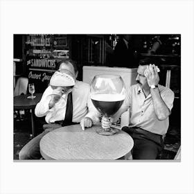 Two Men Drinking Beer From Large Glasses, Black and White, Funny Vintage Old Photo Canvas Print