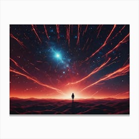 A Lone Figure Stands On A Mountain Peak, Gazing At A Red Sky Filled With Streaks Of Light Emanating From A Distant Star Canvas Print