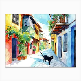 Antalya, Turkey   Black Cat In Street Art Watercolour Painting 1 Canvas Print