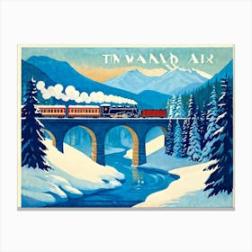 Vintage Travel Poster Illustration Featuring A Steam Train Crossing A Curved Viaduct In A Snowy Vall Canvas Print