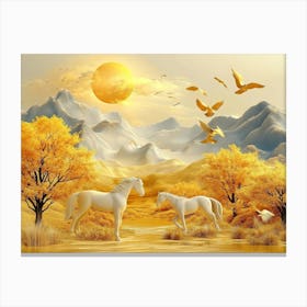 3d Horse And Golden Trees With Colored Mountains 2 Canvas Print